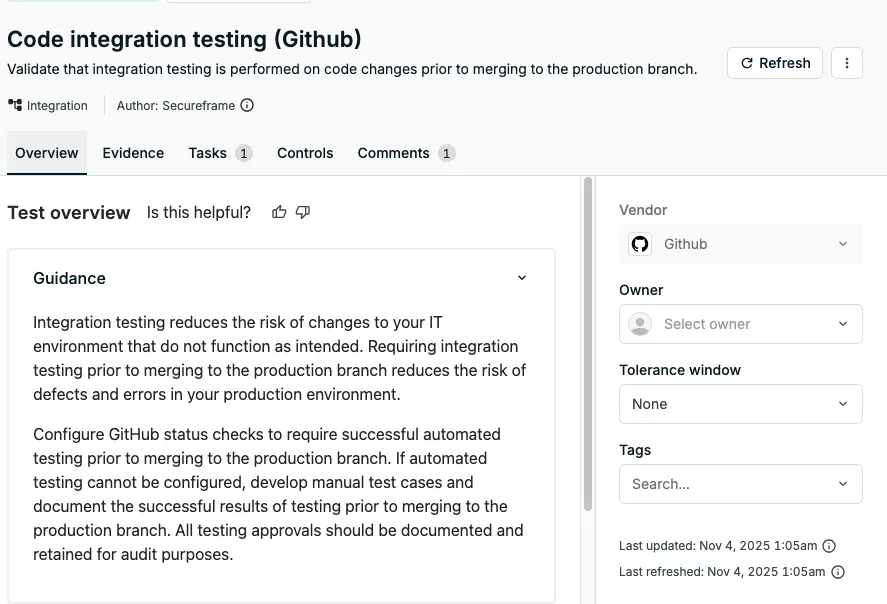 Secureframe screenshot showing Integration testing requirements from Github